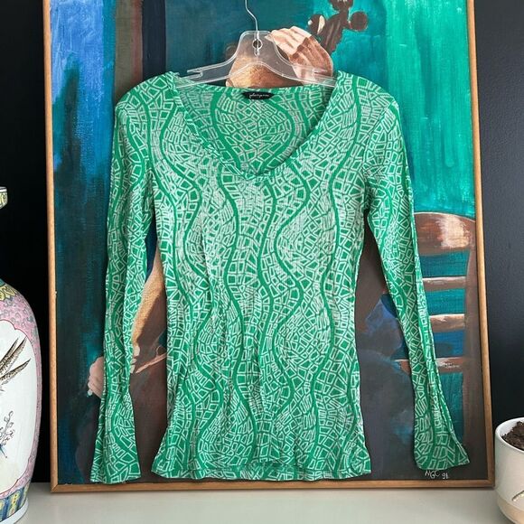 Jules + James Elegant Green Geometric Long Sleeve Top Small - Picture 1 of 9